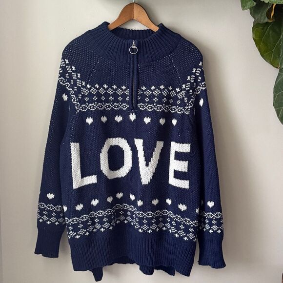 Aerie Festive Feels Quarter Zip Sweater Blue LOVE Cozy Cabin Isle Knit Pullover - Picture 3 of 9